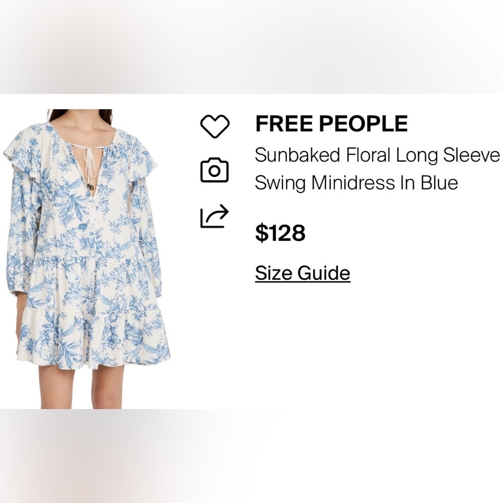Free People Sunbaked Floral Long Sleeve Swing Minidress Coastal Blue size Medium - Picture 7 of 7